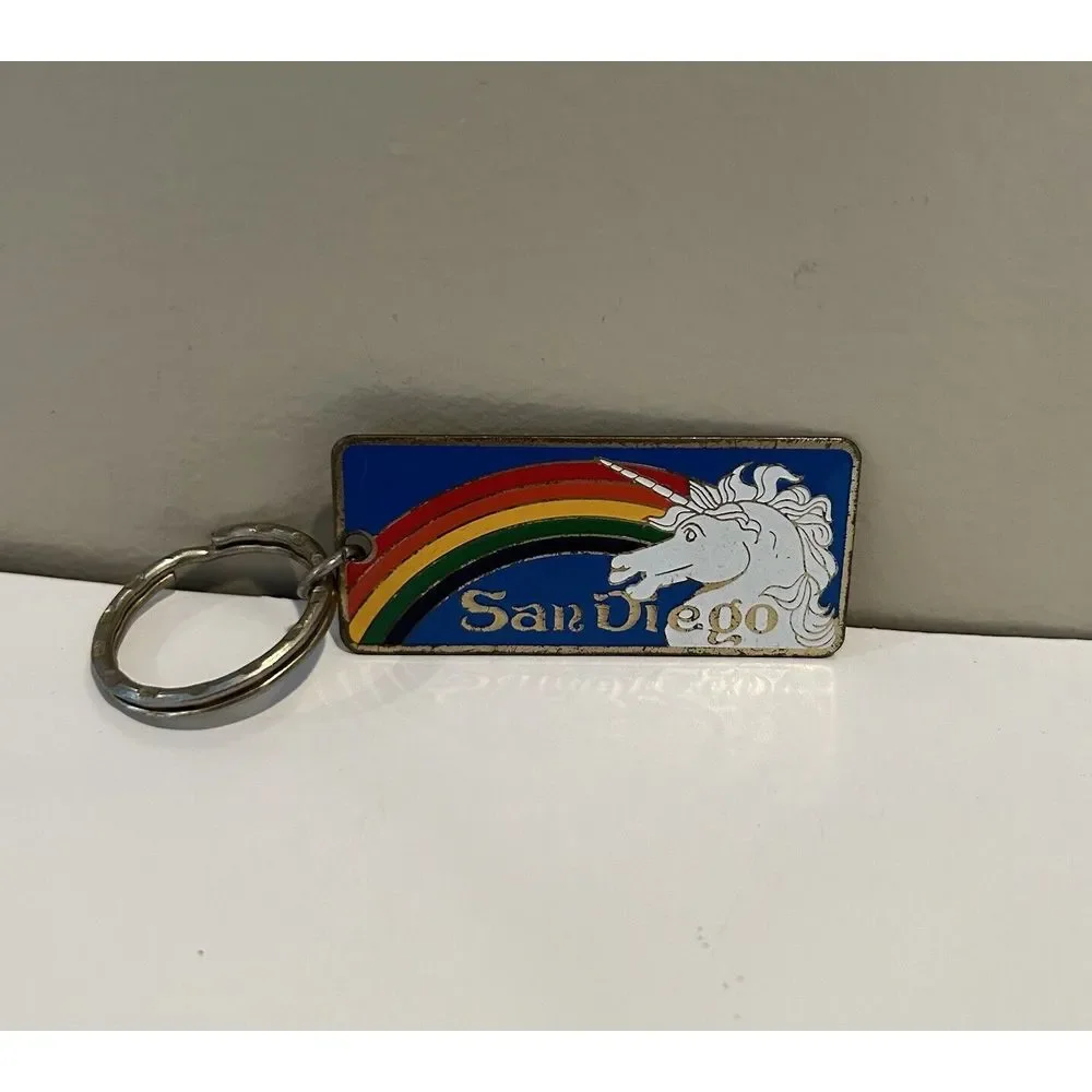 Vintage San Diego Metal Keychain Rainbow Unicorn Keyring 2.5